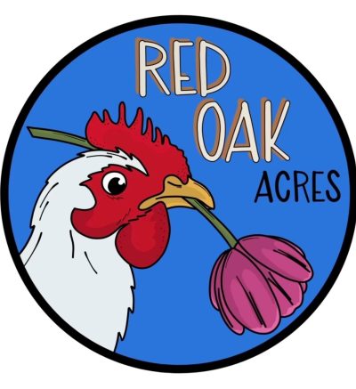 An illustration of a white chicken holding a pink flower in its beak. The chicken is against a blue circle background. The circle also has the words "Red Oak Acres" in it.