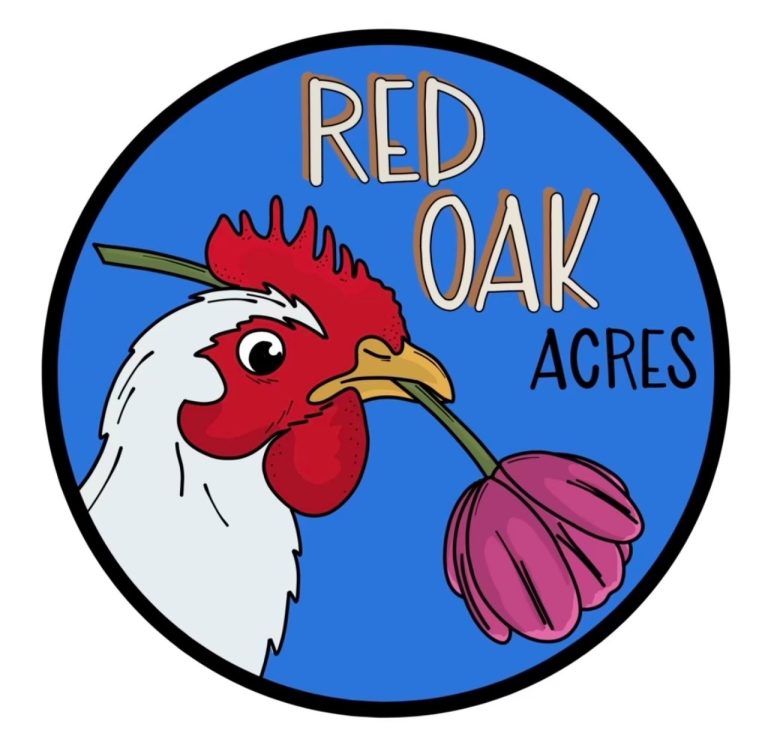 An illustration of a white chicken holding a pink flower in its beak. The chicken is against a blue circle background. The circle also has the words "Red Oak Acres" in it.