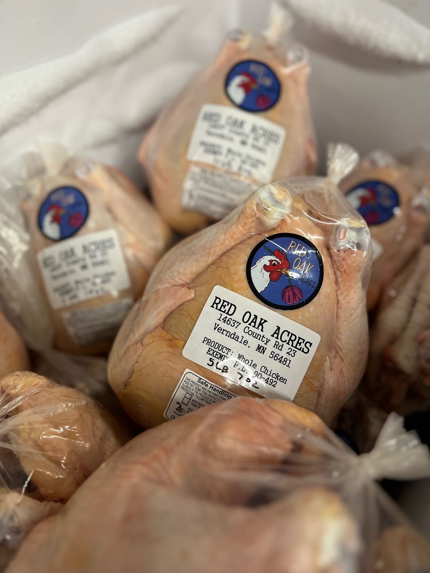 Freezer full of raw, packaged whole chickens.