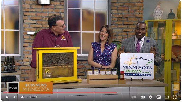 A TV set with two hosts interviewing a beekeeper about bees and honey.