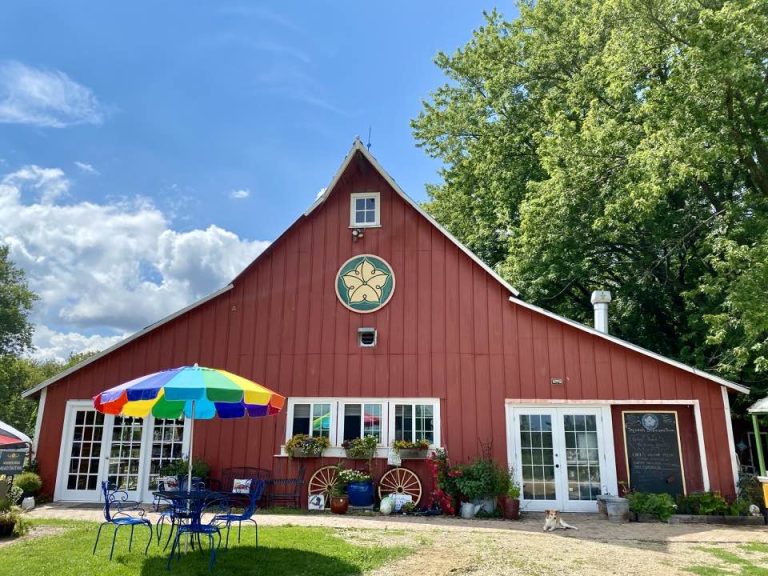 Picture of red barn in the sunshine with a blue sky and a table with a rainbow umbrella in the front.