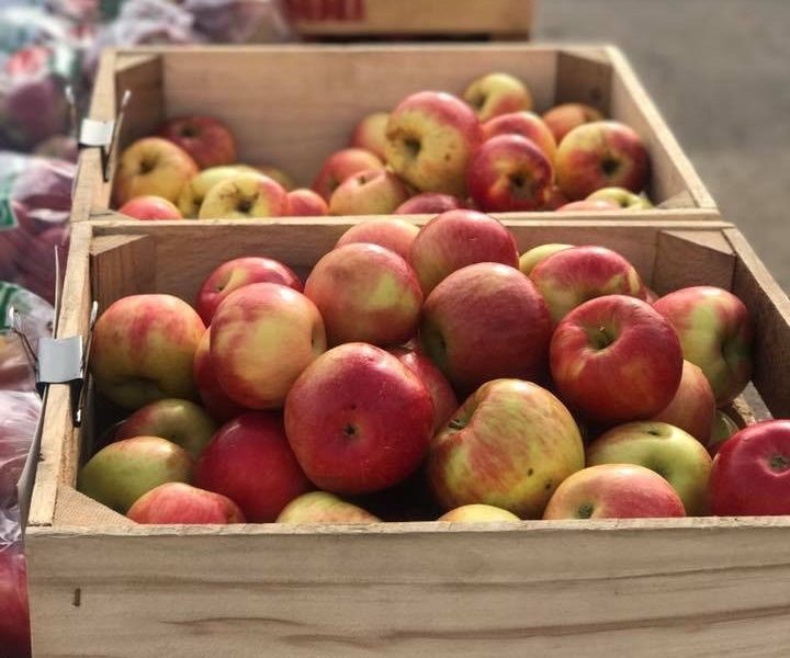 Several wooden crates filled with apples inside an building.