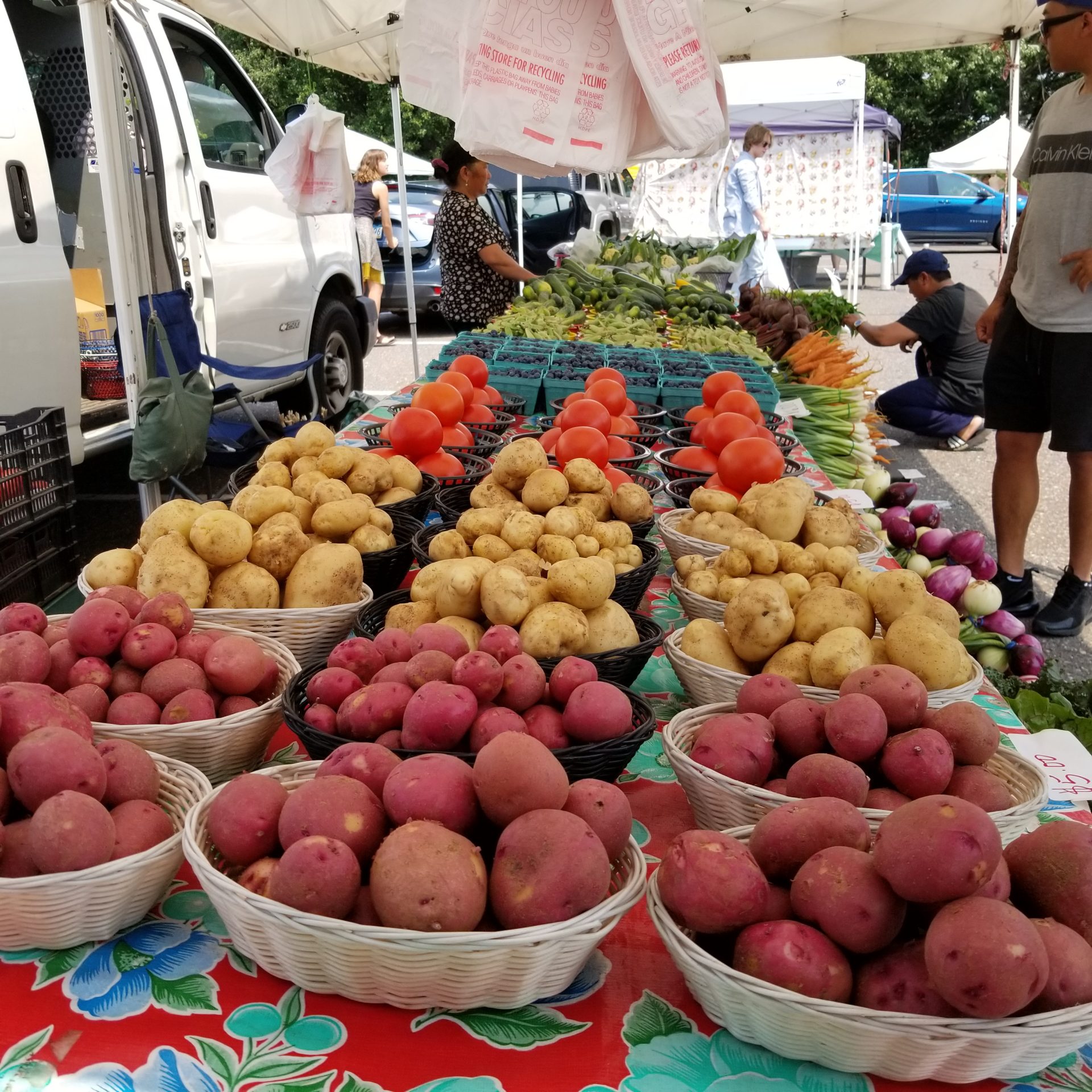 A table of white baskets filled with red and yellow potatoes is in the foreground. In the background is tomatoes in baskets and other vegetables.