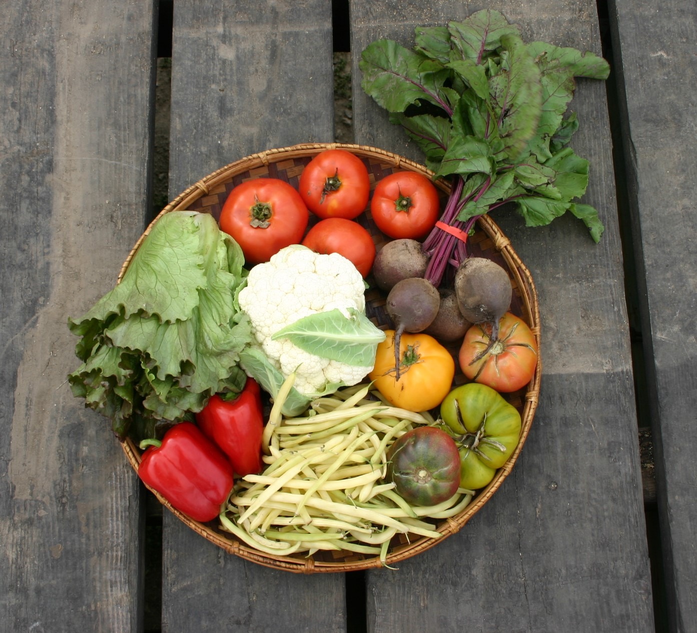 Picture of a round basket of fresh veggies, including tomatoes, lettuce, yellow beans, red peppers, beets, and cauliflower.