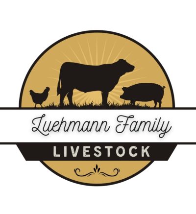 Logo with the words "Luehmann Family Livestock" in a gold-colored circle with a drawing of a chicken, cow, and pig standing beside each other in it.