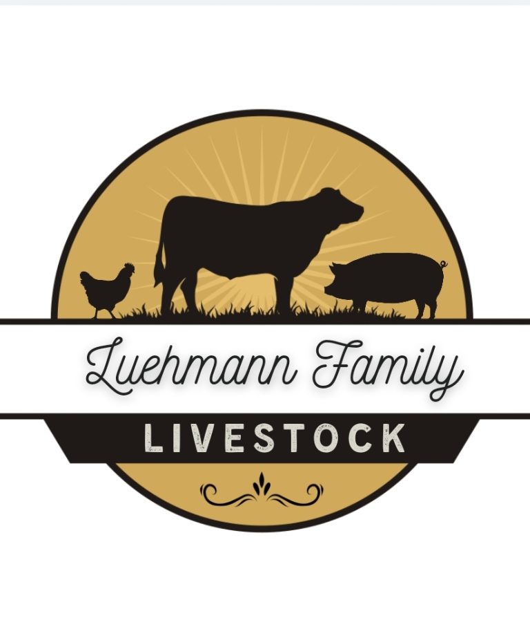 Logo with the words "Luehmann Family Livestock" in a gold-colored circle with a drawing of a chicken, cow, and pig standing beside each other in it.