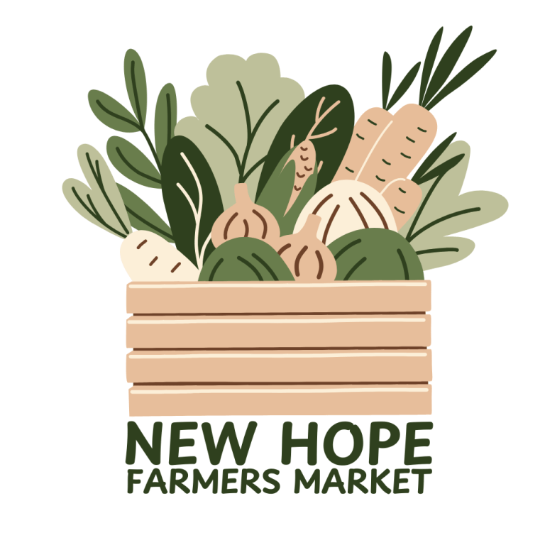 A logo with a graphic of a wooden box with various greens, carrots, and squashes bursting out of it. The text below the box says "New Hope Farmers Market".