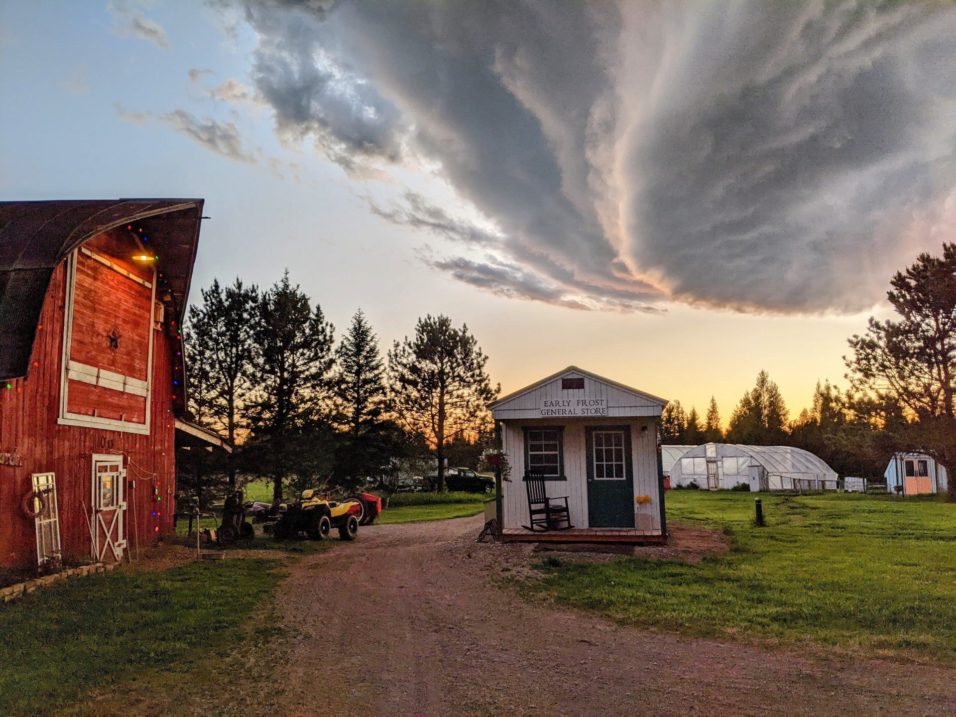 2022 01 30 Submitted Early Frost Farms barn store Picture o fa farm with a red barn and a white shed in the foreground, surrounded by green grass, trees, and other buildings, The sky is a blue and yellow with wispy clouds.