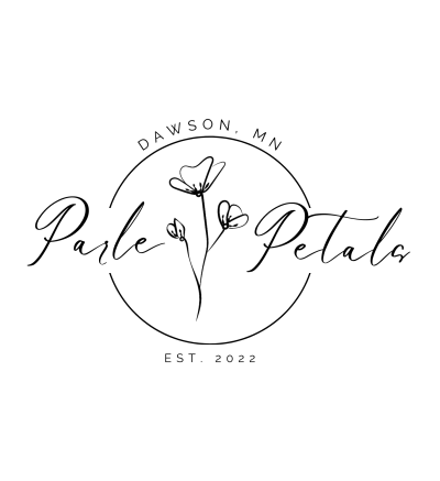 Logo feature the text "Parle Petals" in cursive font with a line drawing of a flower with three blooms. The text and simple graphic of a flower are inside a circle and the text "Dawson, MN Est. 2022" are on the outside of it.