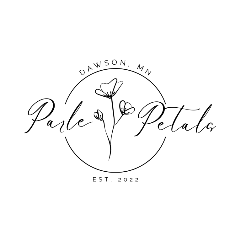 Logo feature the text "Parle Petals" in cursive font with a line drawing of a flower with three blooms. The text and simple graphic of a flower are inside a circle and the text "Dawson, MN Est. 2022" are on the outside of it.