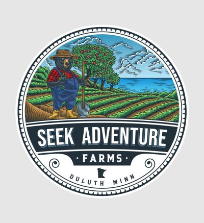 Logo that features a colorful drawing of a black bear holding a shovel in front of rows of crops and trees with a body water in the background. Beneath the graphic is the text "Seek Adventure Farms Duluth Minn"