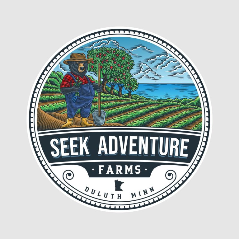 Logo that features a colorful drawing of a black bear holding a shovel in front of rows of crops and trees with a body water in the background. Beneath the graphic is the text "Seek Adventure Farms Duluth Minn"