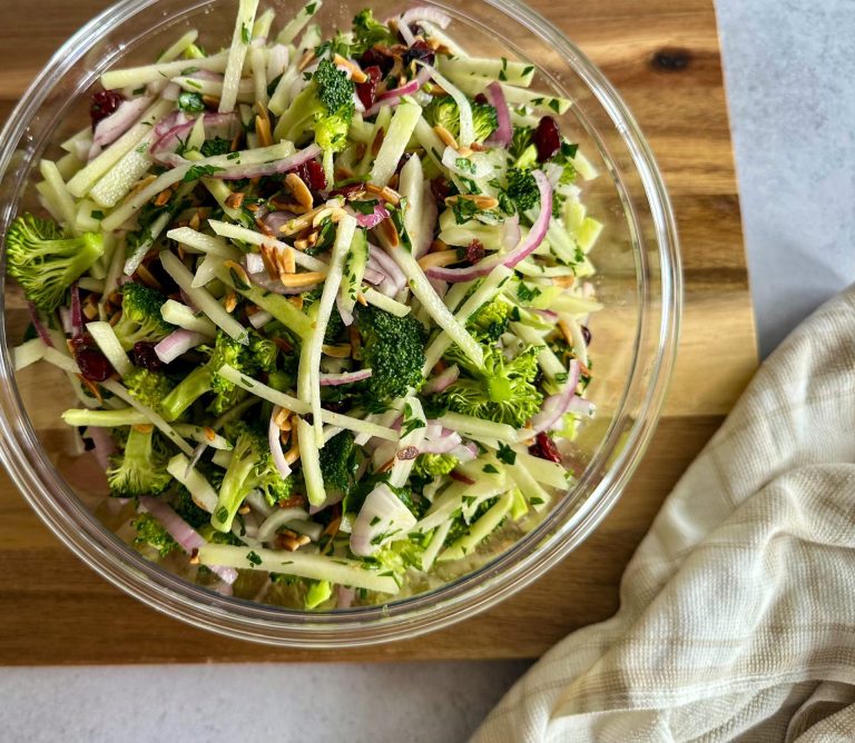 Colorful Broccoli Kohlrabi Salad with Almonds and Dried Cranberries