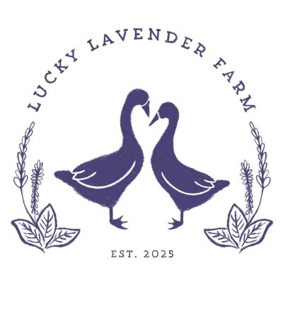 lucky lavender farms logo two geese under text with illustrations of lavender and herbs