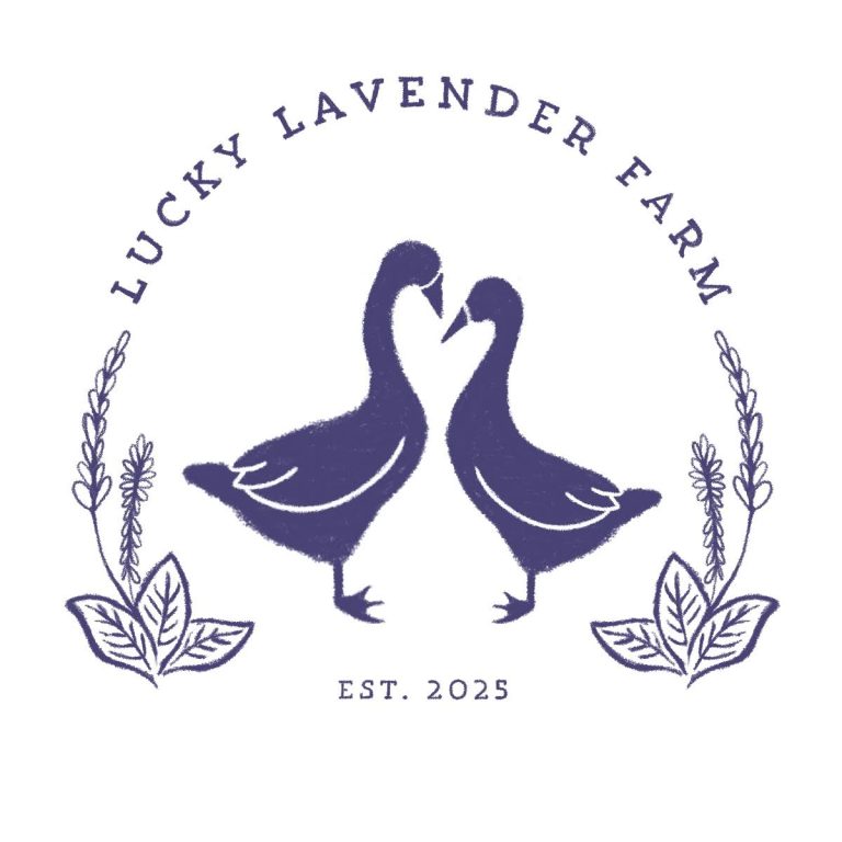 lucky lavender farms logo two geese under text with illustrations of lavender and herbs