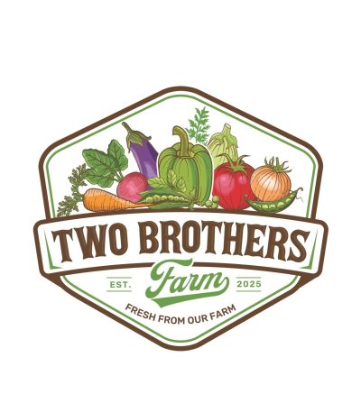 two brothers farm logo reads est. 2025 fresh from our farm under illustrations of a carrot, raddish, eggplant, green pepper, green squash, tomato, onion, and two pea pods