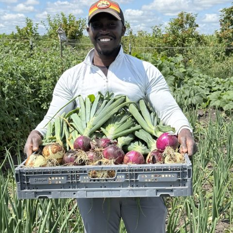 a man smiles with a basket full of onions