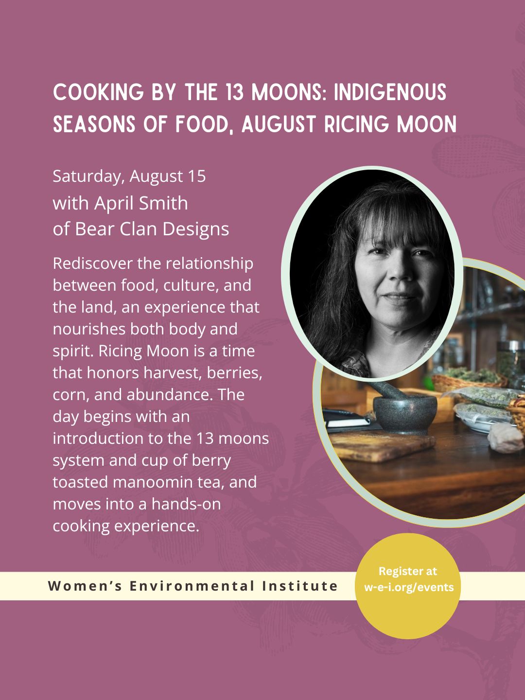 banner event title, date, instructors, and description. two circular images; one of the instructor, one of a table full of apothecary tools. please read event details