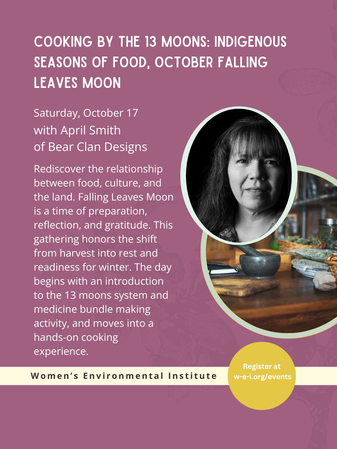 banner event title, date, instructors, and description. two circular images; one of the instructor, one of a table full of apothecary tools. please read event details