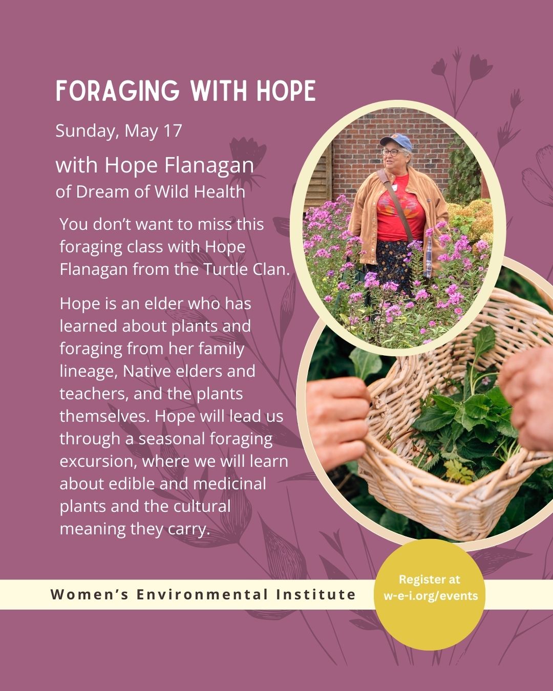 banner event title, date, instructors, and description. two circular images; one of the instructor, one peering into a foraging bag. please read event details