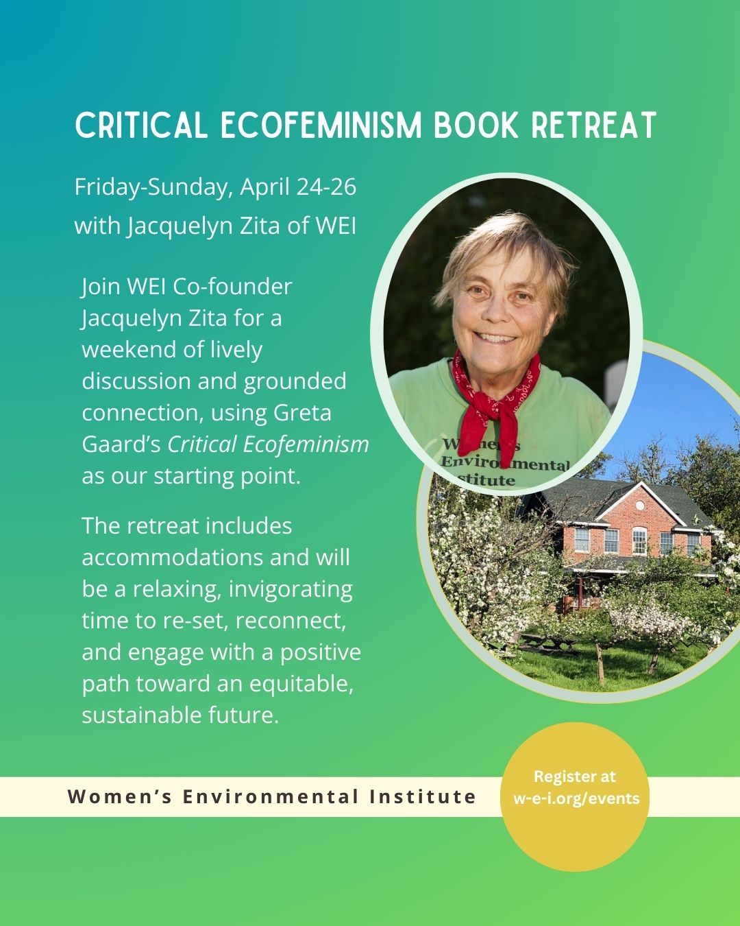banner event title, date, instructors, and description. two circular images; one of the instructor, one of a pink home and a lush yard. please read event details