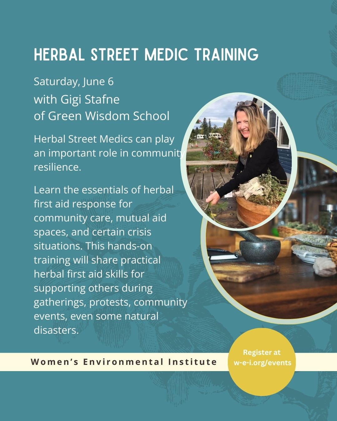 banner event title, date, instructors, and description. two circular images; one of the instructor, one of a table full of apothecary tools. please read event details