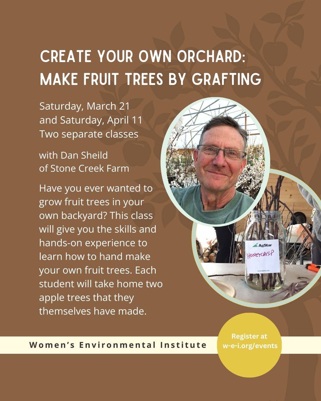 banner event title, date, instructors, and description. two circular images; one of the instructor and one of a jar of branches. please read event details