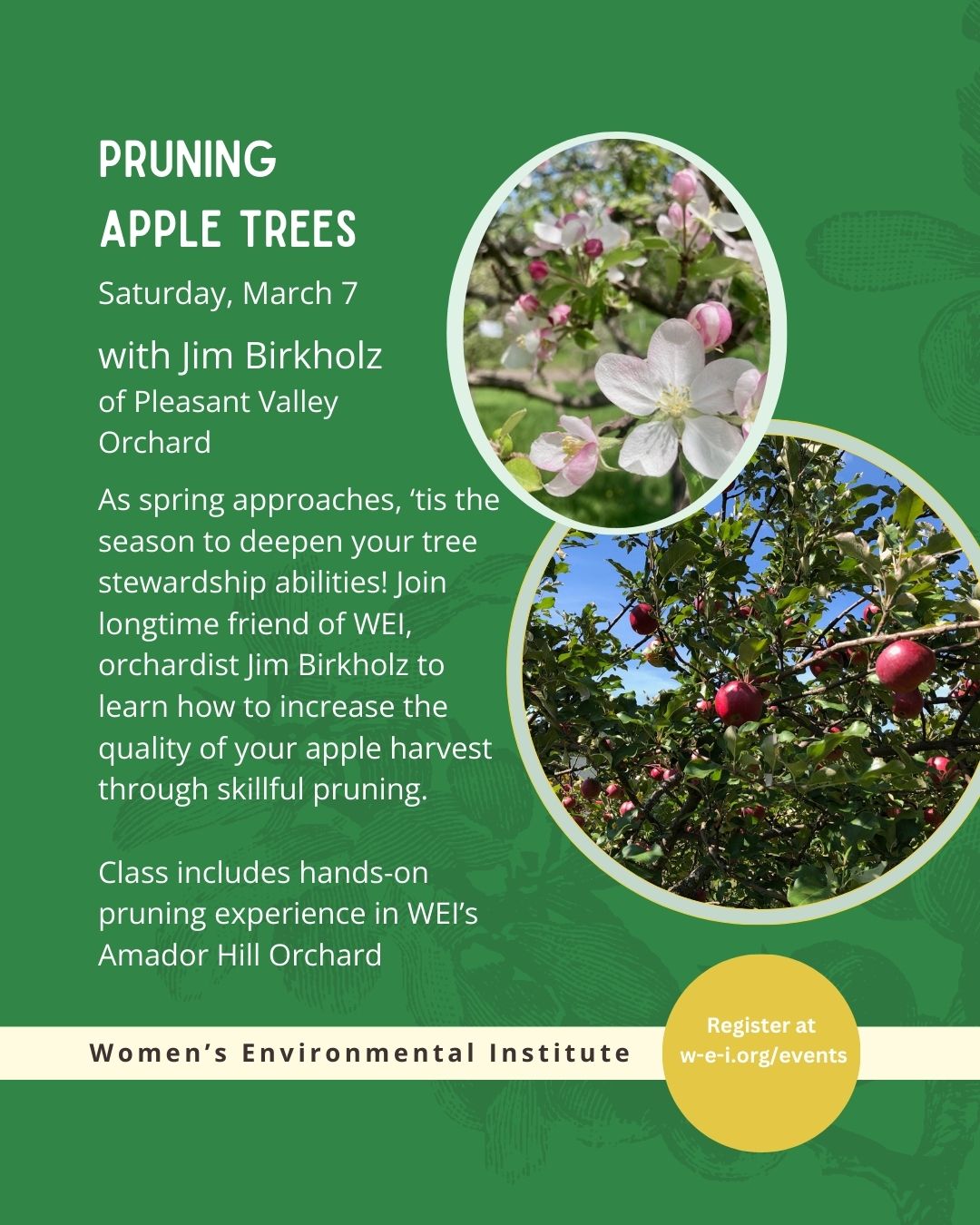 banner event title, date, instructors, and description. two circular images of apple blossoms and of an apple tree. please read event details