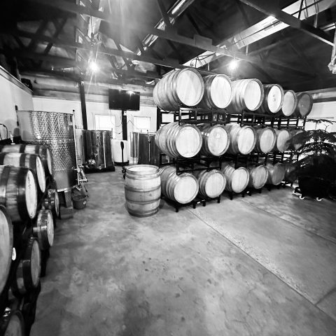 black and white image of stacked barrels in a large room