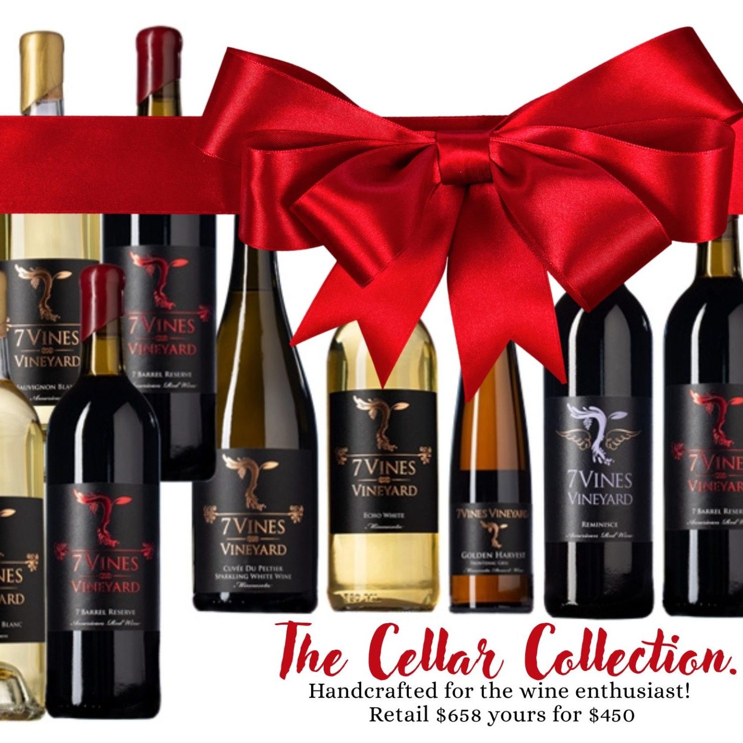 7 vines collection, large amount of wine bottle with a red bow across the image