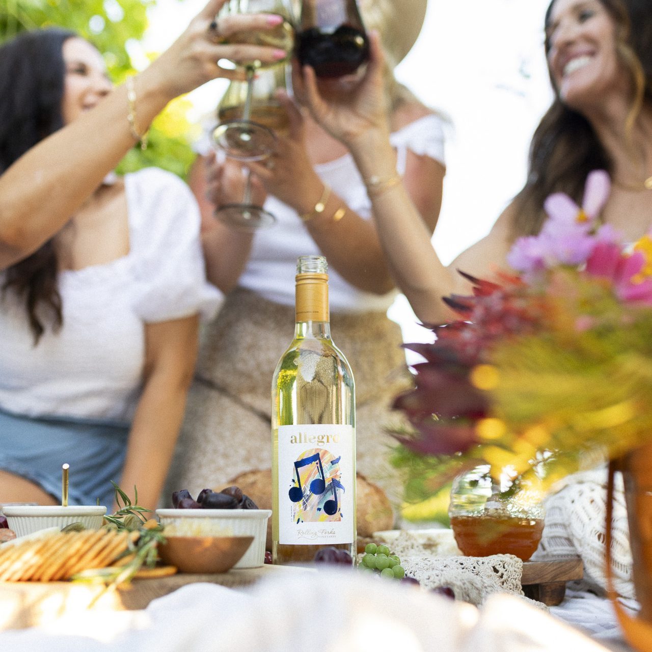 picnic spread and a white wine bottle sit in the four ground, three women toast with wine glasses in back ground