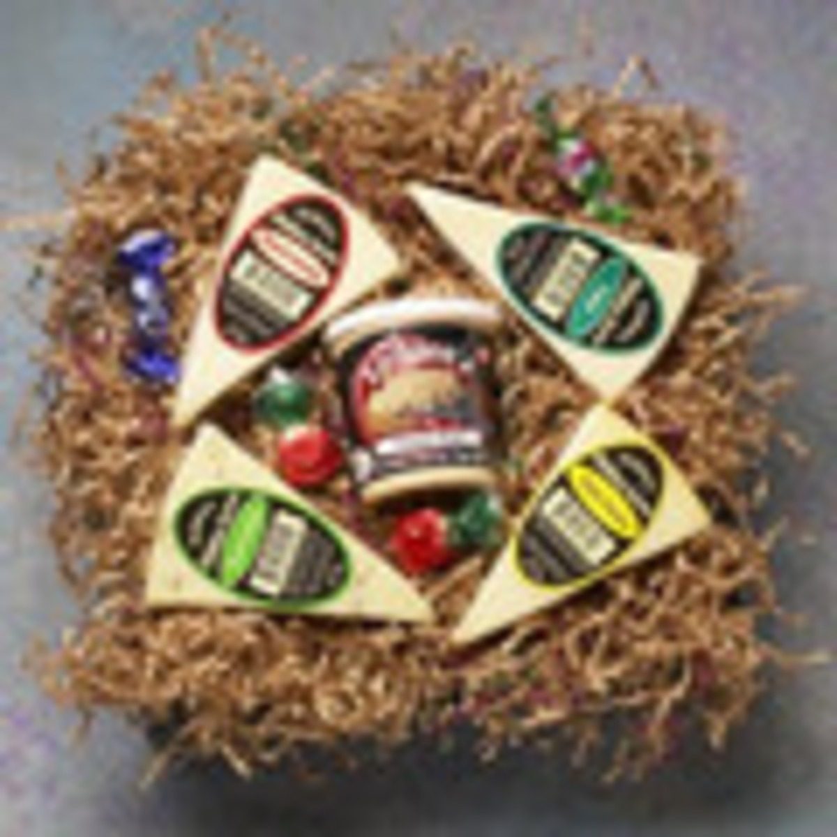 gift box filled with cheese, background of crinkle paper