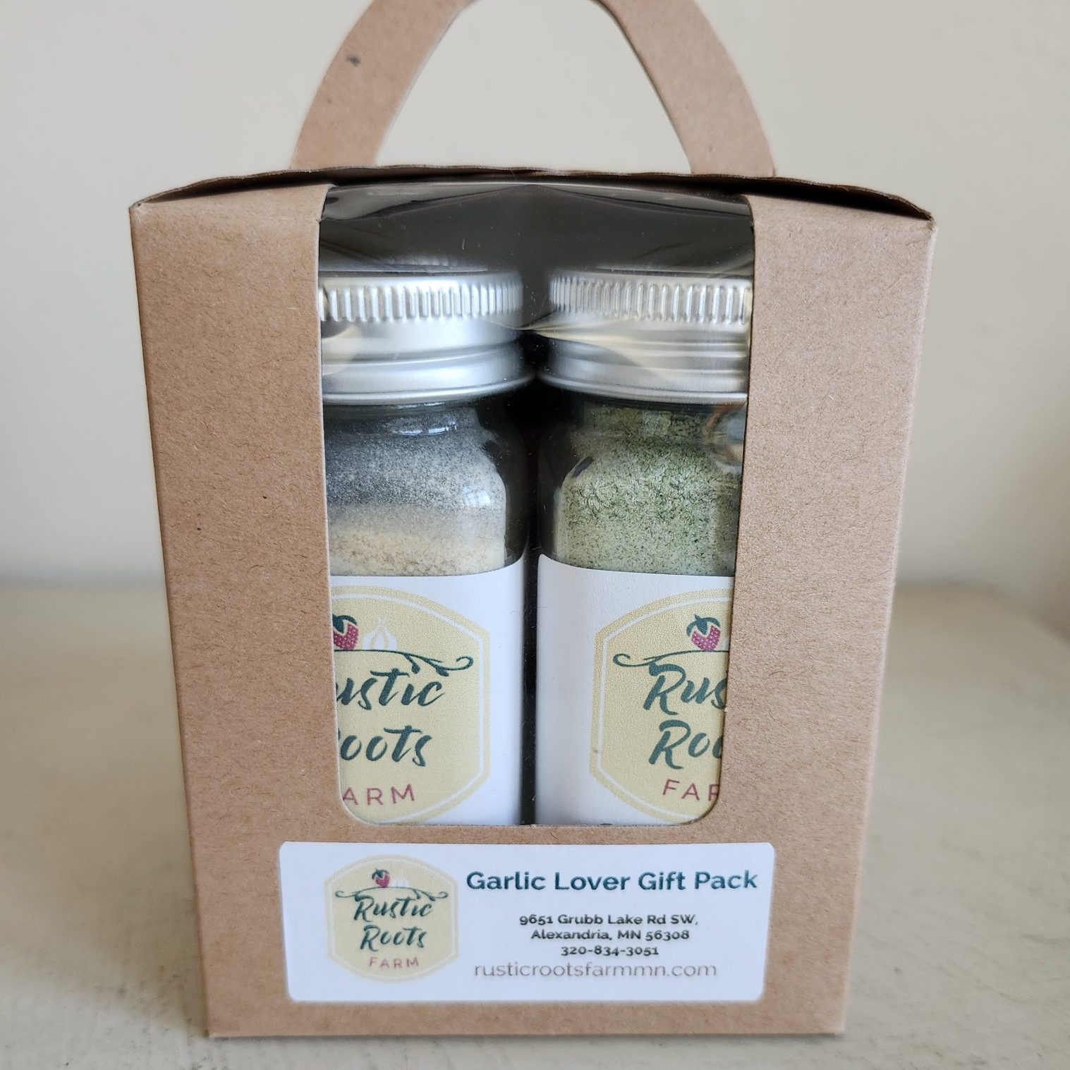 box showing two seasonings, labeled garlic lovers gift box