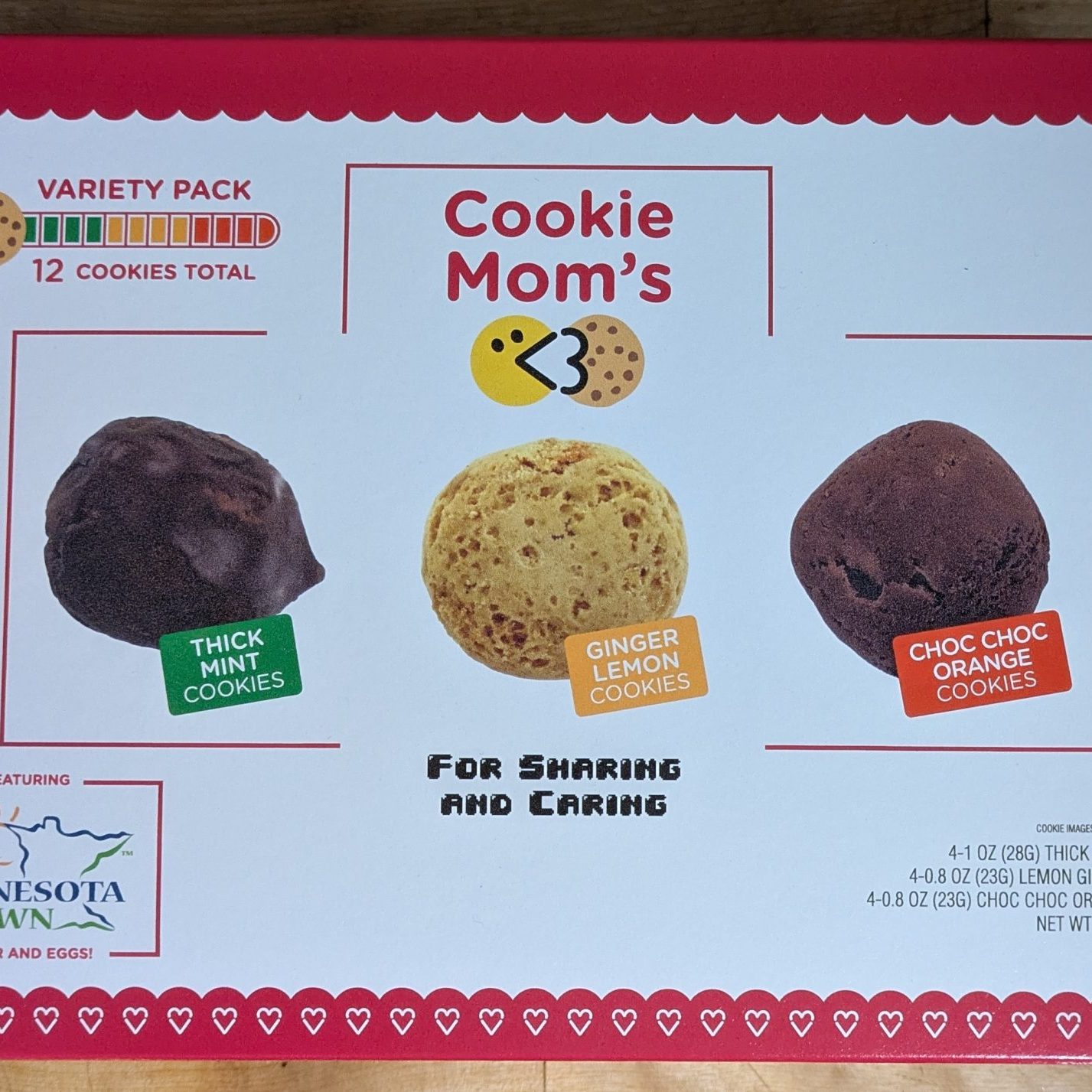 variety pack box with photos of three cookies: thick mint, ginger lemon, and choc choc orange