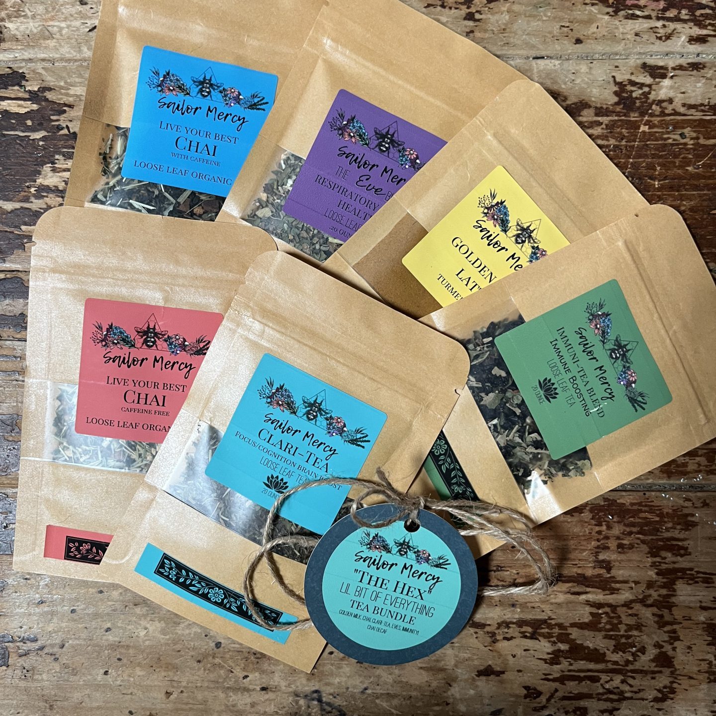 tea bags spread on a wooden table