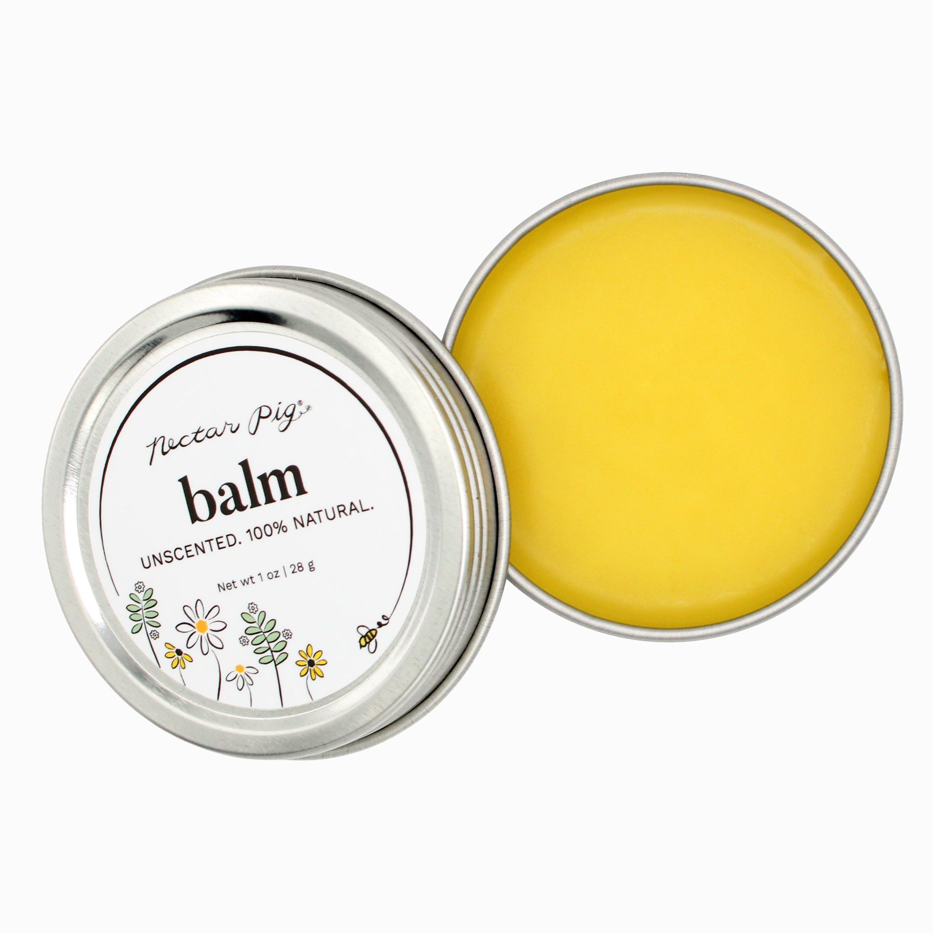 open aluminum pan of yellow balm, lid reads all purpose balm