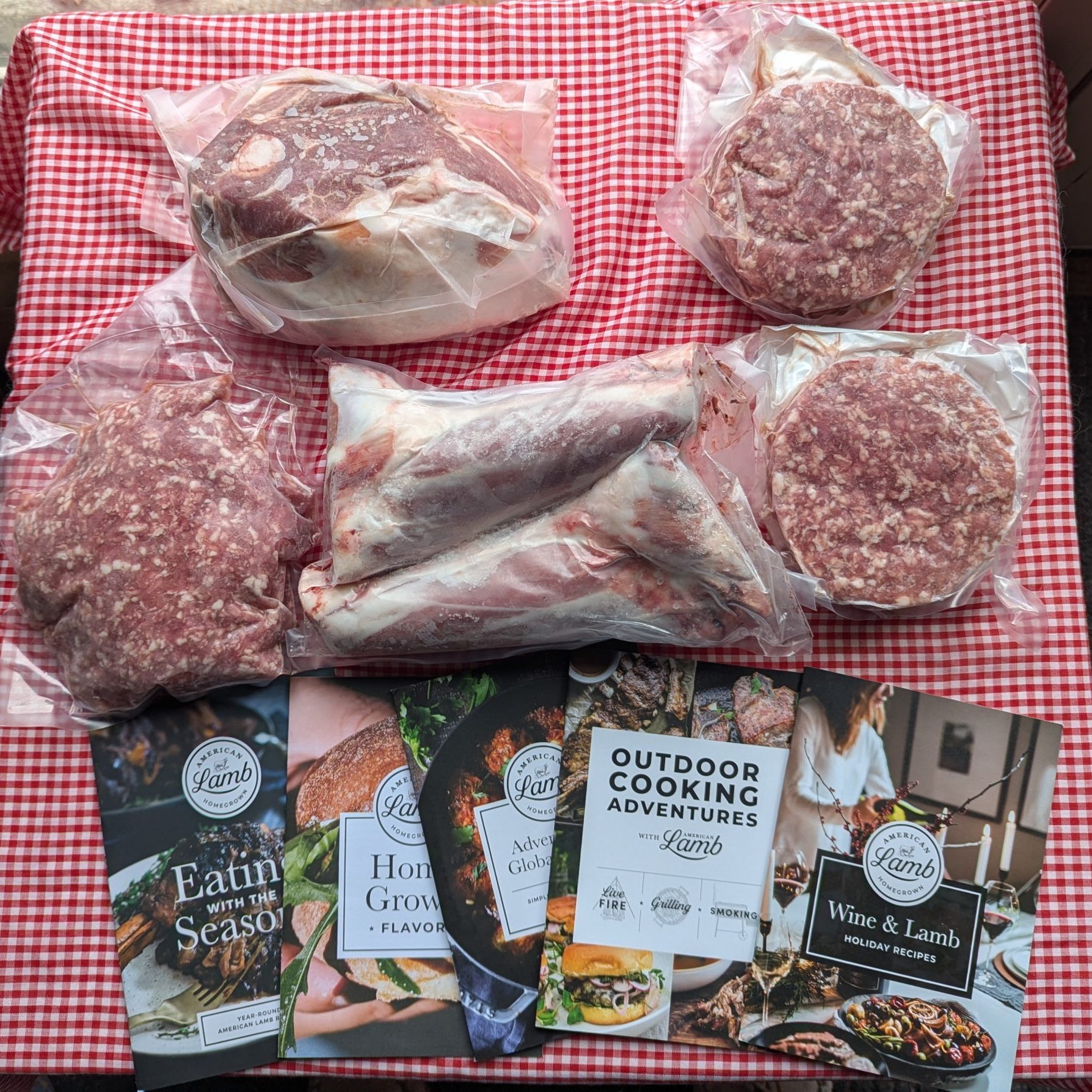 frozen meat in bags and recipe cards on a gingham table cloth