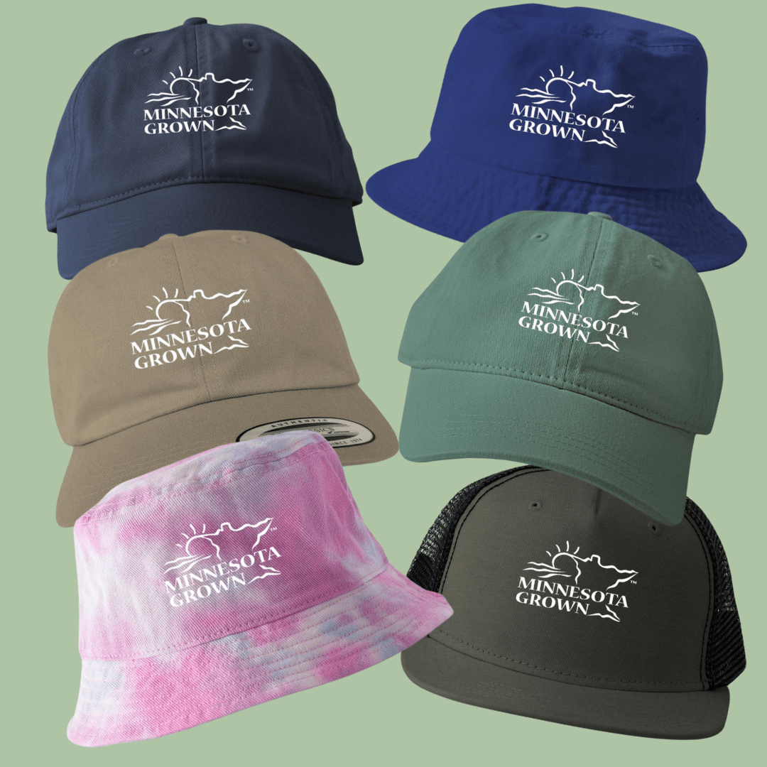 A selection of Minnesota Grown hats in different styles.