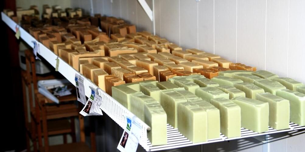 Row of soaps on a shelf