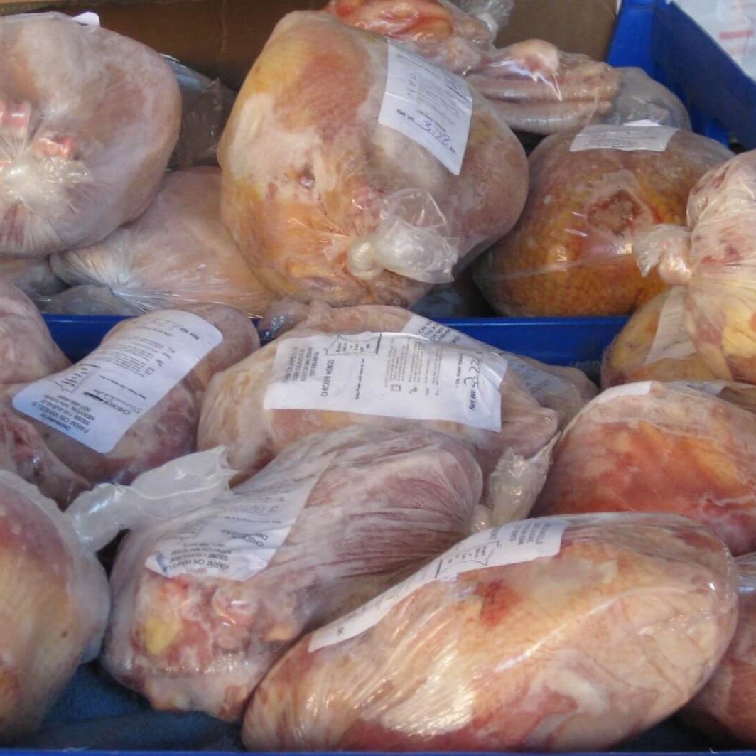 Frozen whole processed chickens