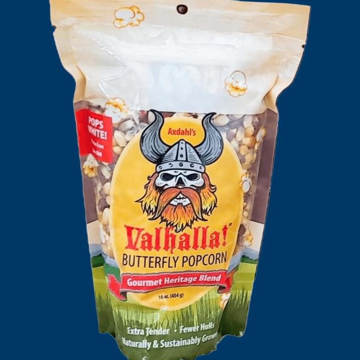 plastic bag of popcorn that reads Valhalla! Butterfly popcorn